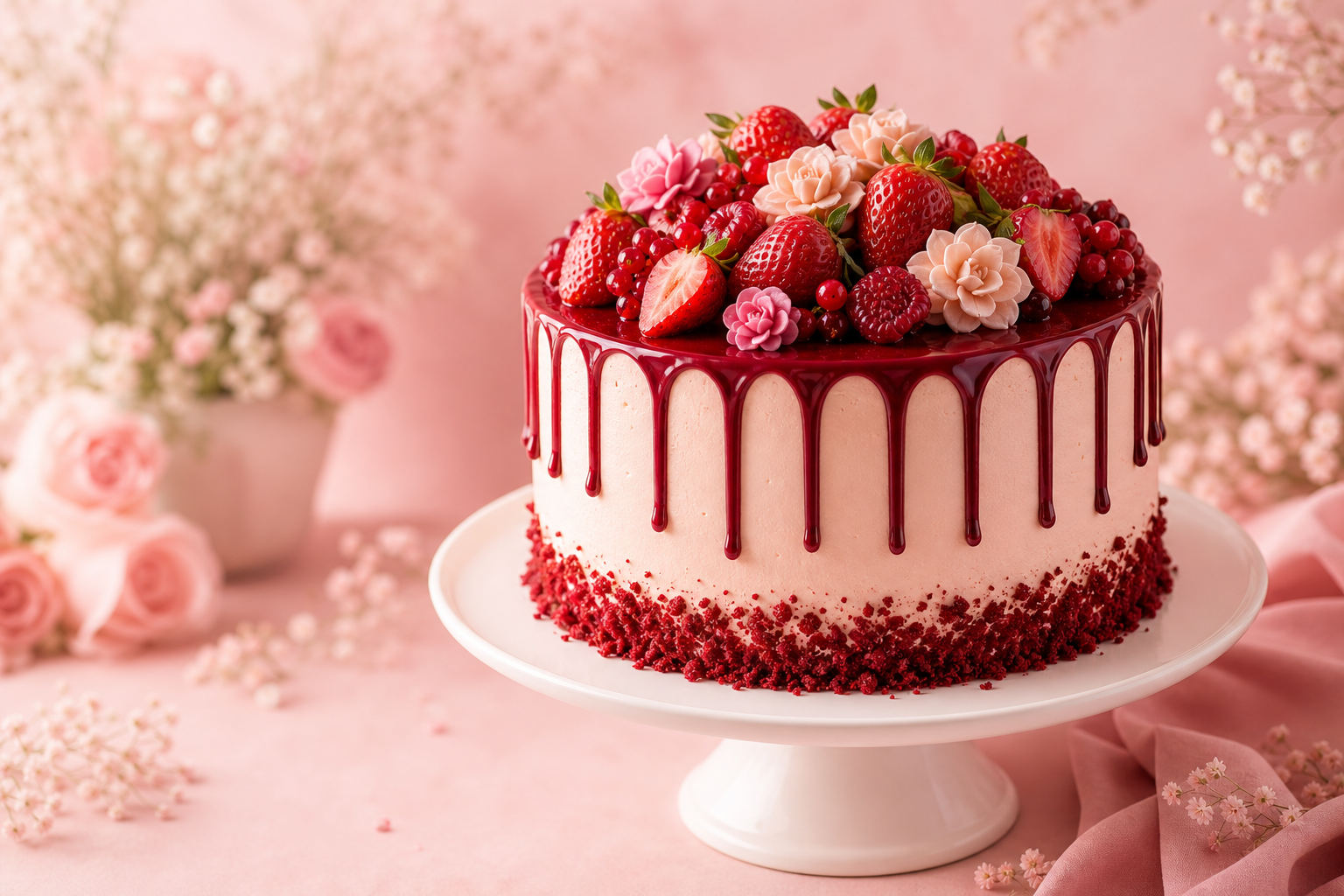 Bolo Red Velvet decorado com frutas vermelhas