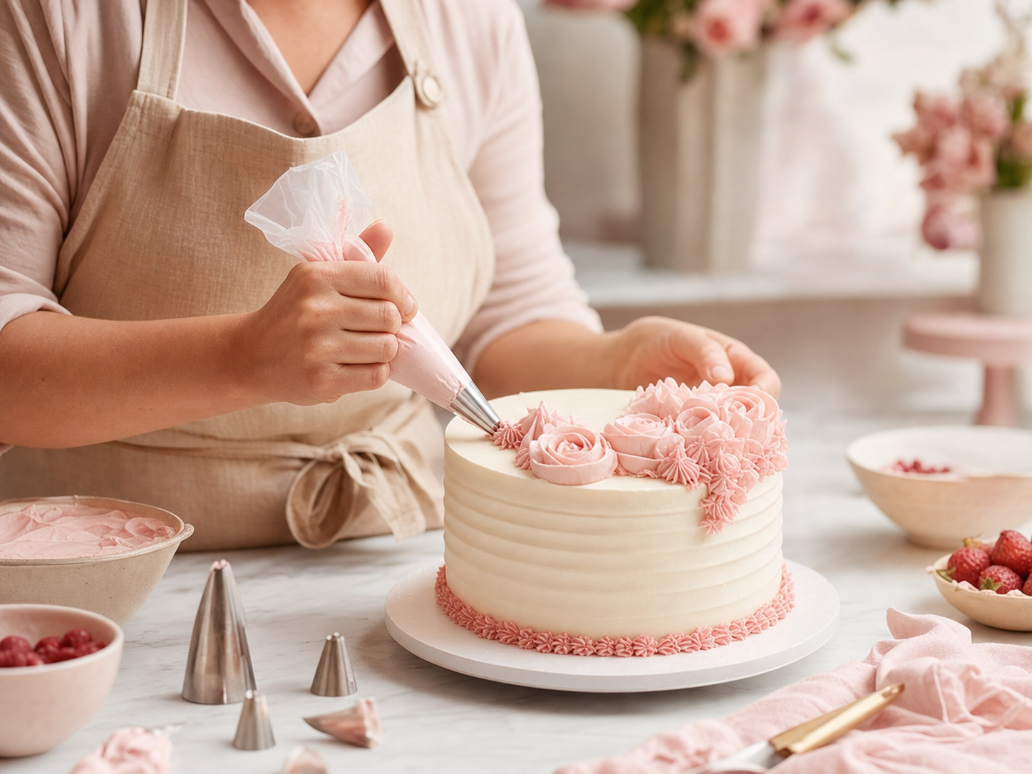 Confeiteira decorando um bolo artesanal